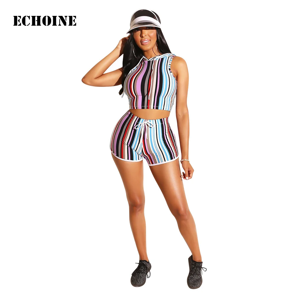 

Colorful Striped print 2 Piece Set Crop Top and Shorts Sleeveless Short Hoodies Slim Bodycon Shorts Set Women Tracksuit