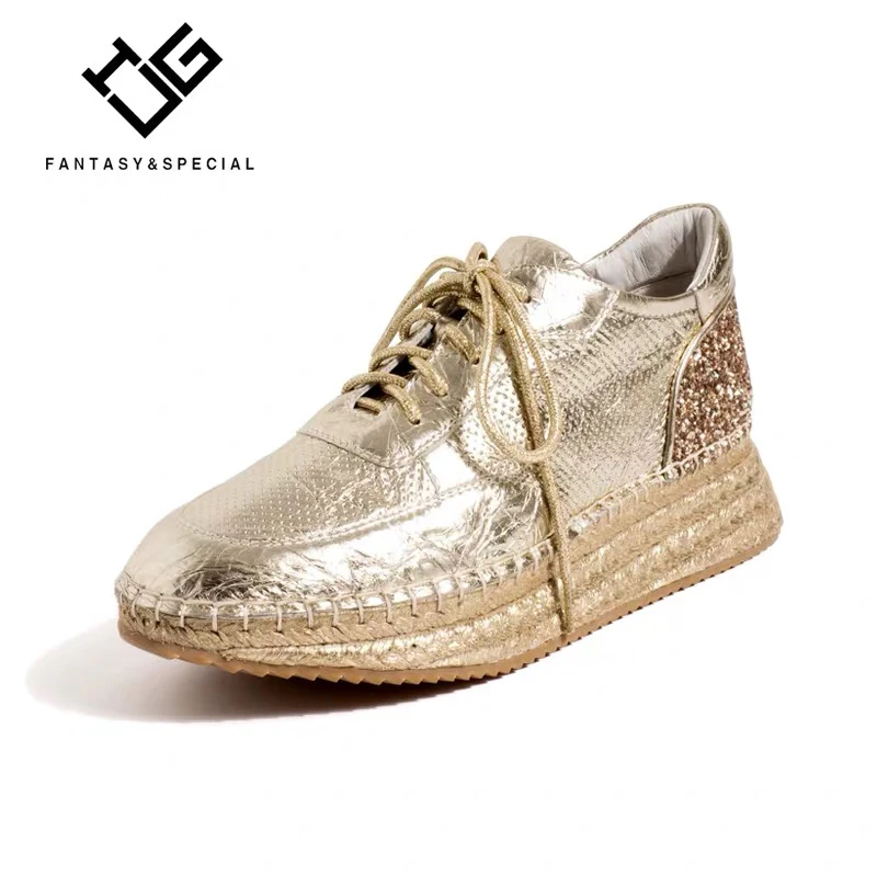 

IGU Flat Shoes Women Genuine Real Leather Golden Platform Shoes 2019 Spring Fisherman Straw Shoes For Females Chaussures Femmes