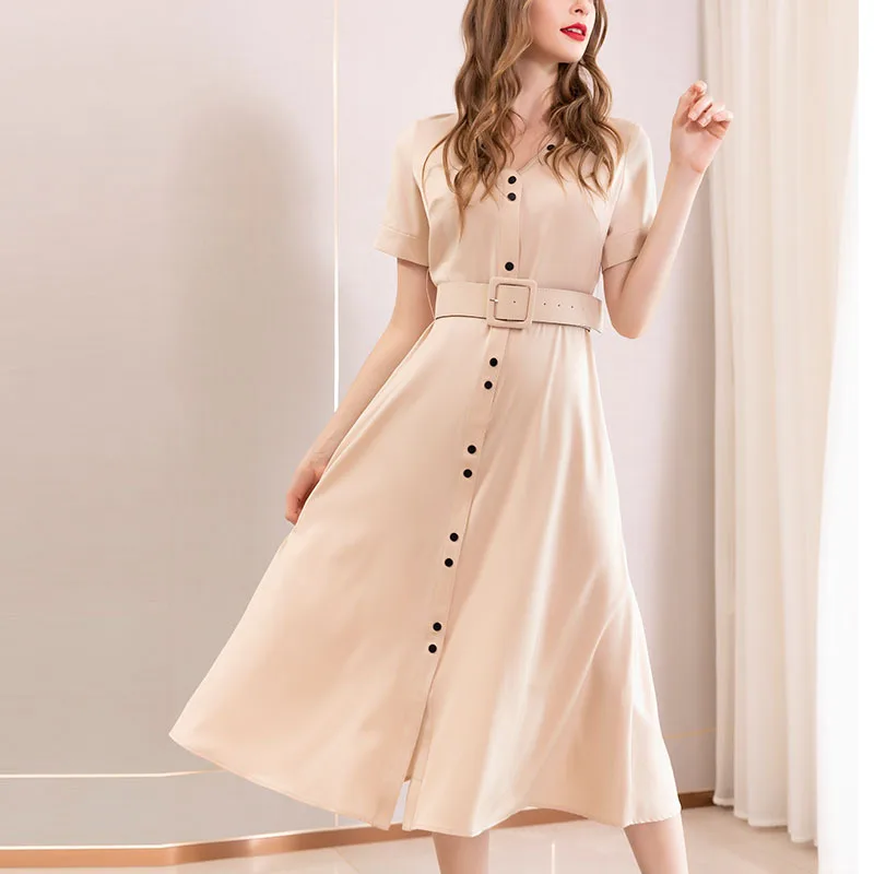 

100%Silk Dress 2019 Summer Fashion Office Work Dress Ladies V-Neck Long Shirt Style Short Sleeve Mid-Calf Dress Black Apricot