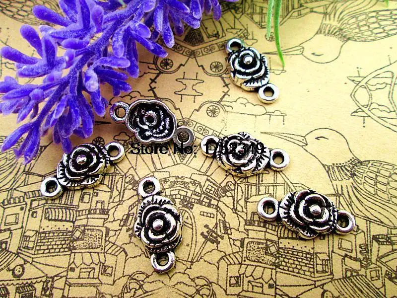 

30pcs-- rose flower charms, Antique silver little rose flower Charm pendants Tag Connectors 10x18mm