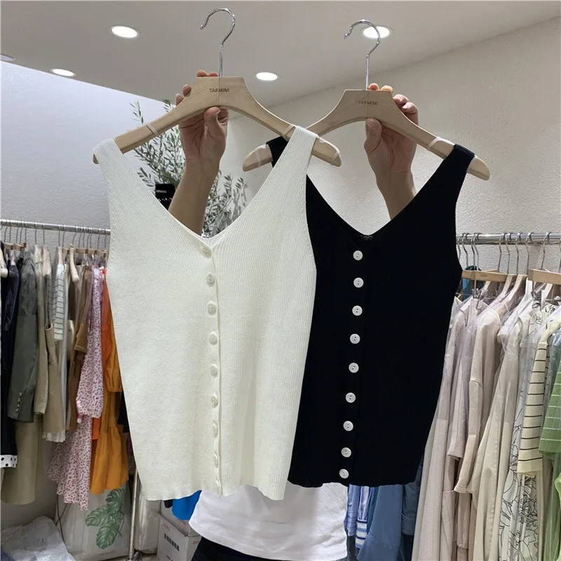 Fashion Button Knit Vest Women Top Camisole Female Solid Elastic knited Slim Sleeveless Tops Femme Summer Casual Camis New