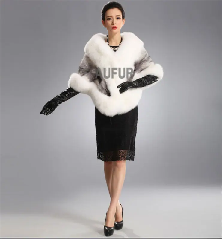 Real Mink Fur Shawl with Fox Fur Collar Wedding Shawls Fur Poncho Dress