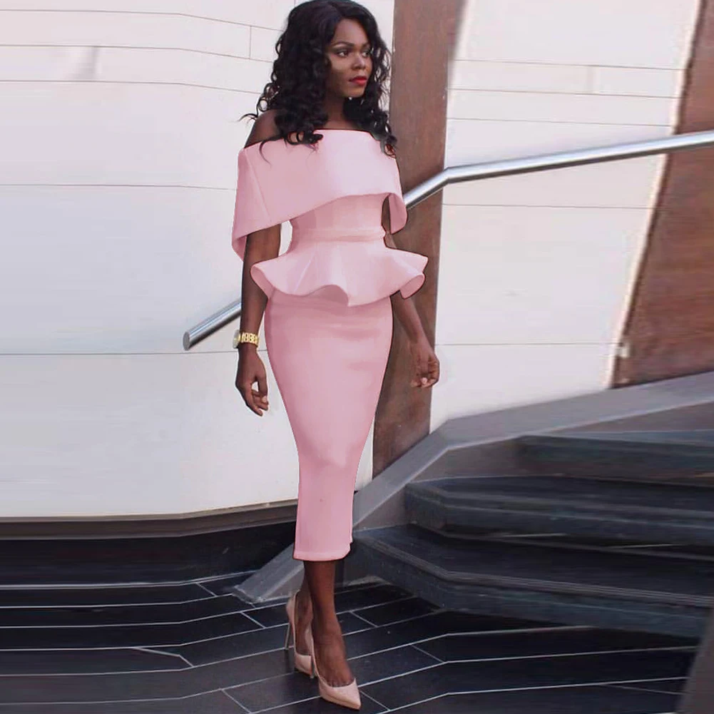 

2019 New Sexy Women Solid Off the Shoulder Dress Ruffles Overlay Slim Waist Bodycon Pencil Dresses Party Streetwear Plus Size