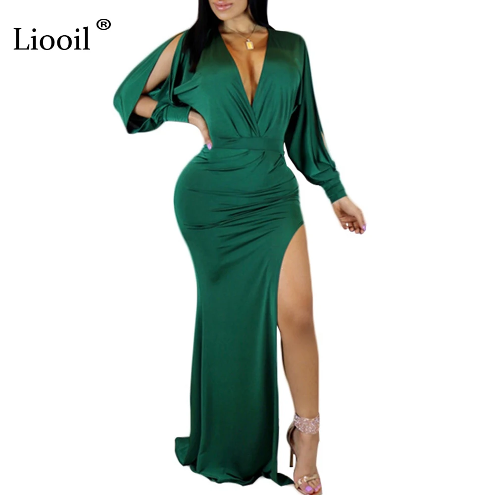 

Liooil 2019 Spring Sexy Women Long Dress Hollow Out Long Sleeve Deep V Neck Split Asymmetrical Elegant Night Club Party Dresses