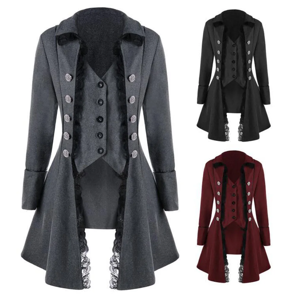 

Vintage Medieval Costume Renaissance Color Punk Retro Men Women Uniform Halloween Party Cosplay Long Coat Adults Dress Jacket