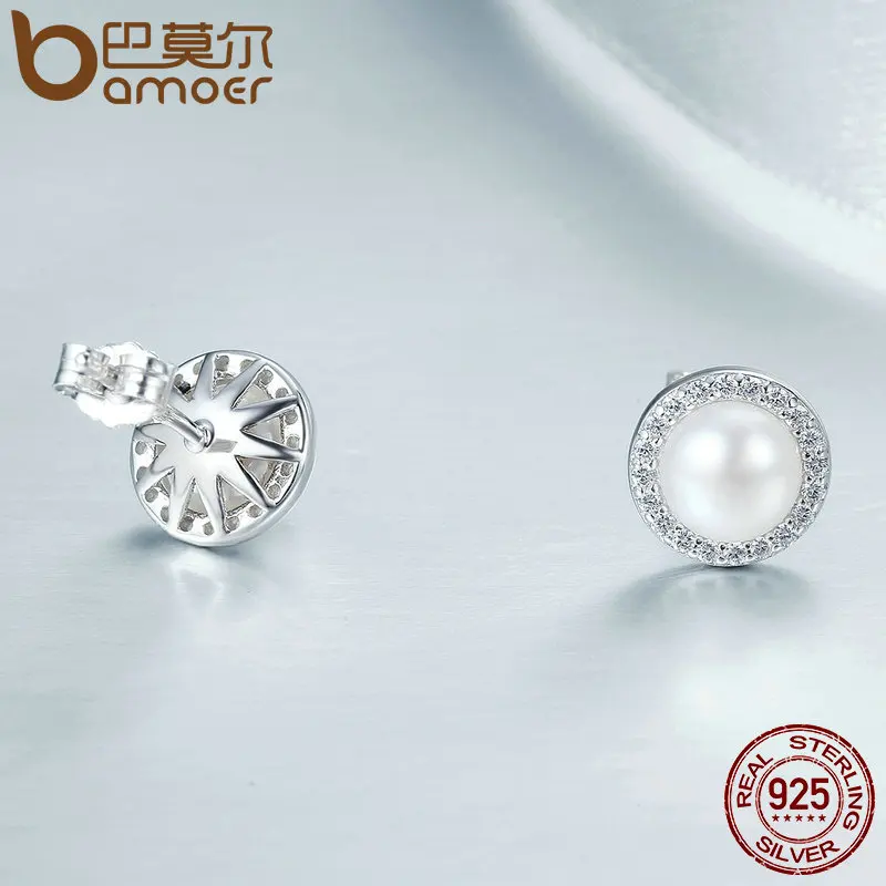 BAMOER 925 Sterling Silver Classic Round Sparkling CZ Fresh Water Pearl Stud Earrings for Women Sterling Silver Jewelry SCE122