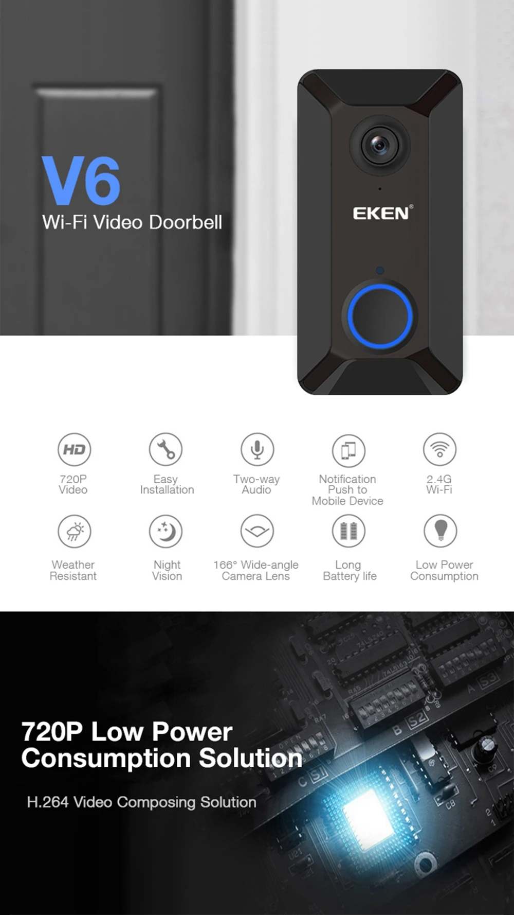 Eken V6 720P умный беспроводной wifi видео дверной звонок камера Облачное хранилище дверной звонок с внутренним звонком визуальный домофон ночное видение