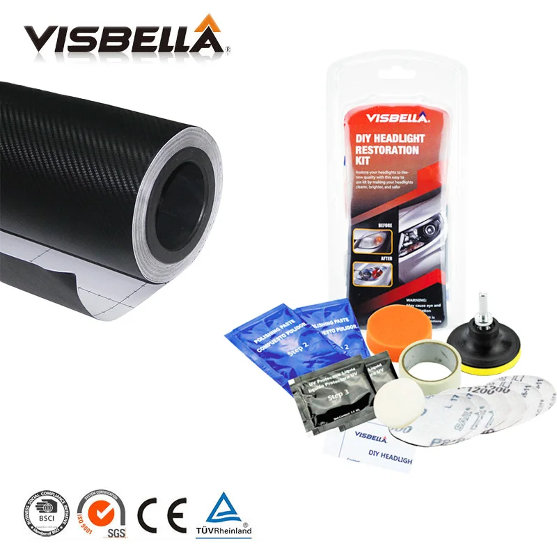 

30x127cm Carbon Fiber Vinyl Film Wrap Tape Waterproof Sticky Decal Sheet Roll Film and Headlamp Restoration KIT For Car Styling