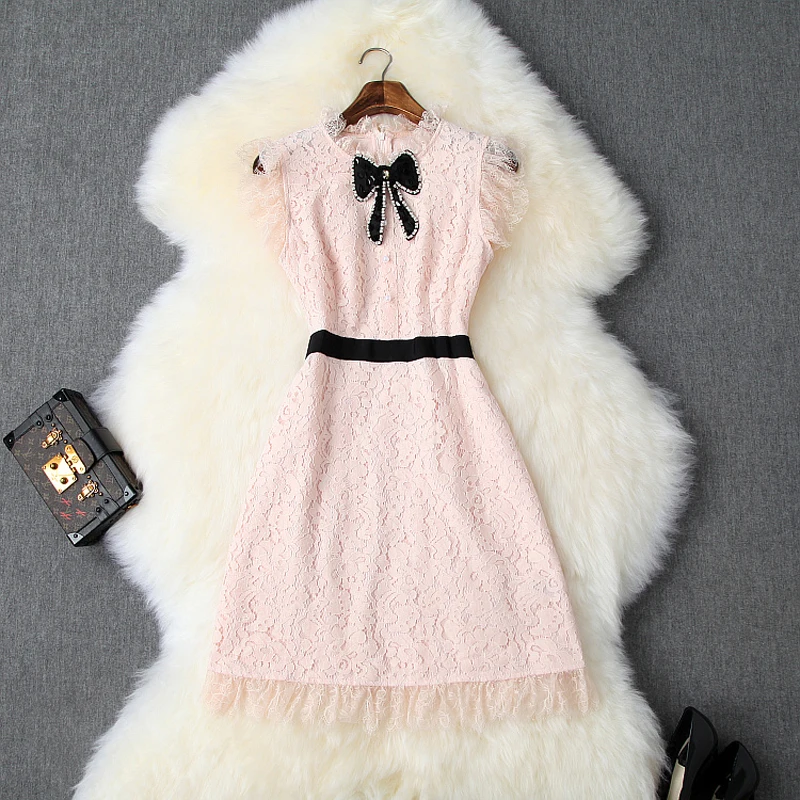 

2019 new high quality spring summer Mini Sexy Lace dress ladies Elegant girl Bow party Dress princess Women Celebrities dresses