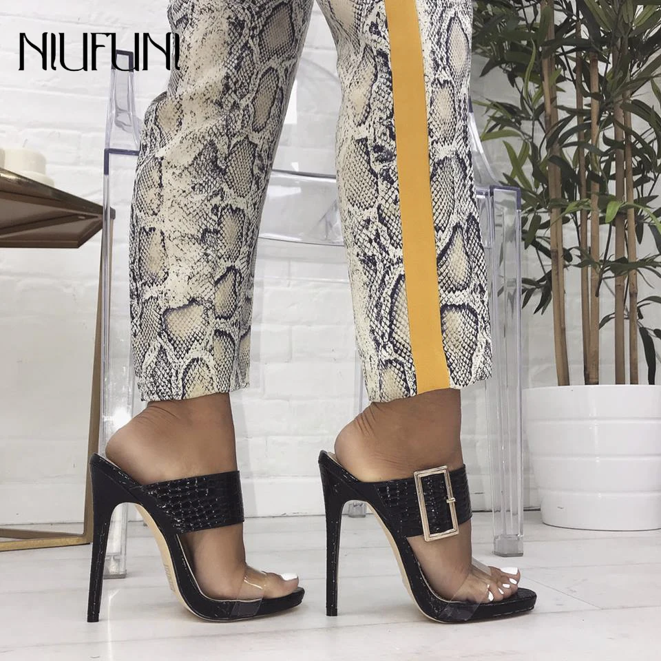 

Summer Open Tow Sandals Slippers Women Mules Slides Belt Bucket Decoration High Heels Women Black Casual Party Shoes Woman