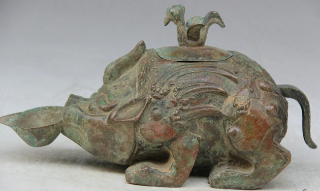 

JP S0524 13" Old Chinese palace Bronze Dragon Beast phoenix Bird Statue oil lamp Zun