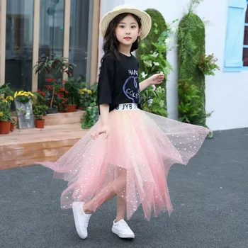 Summer Girls Skirts Sets Children Cotton T-shirts + Star Lace Skirts Teenage Princess Outfits Fashion Korean Kids Clothing Sets 5