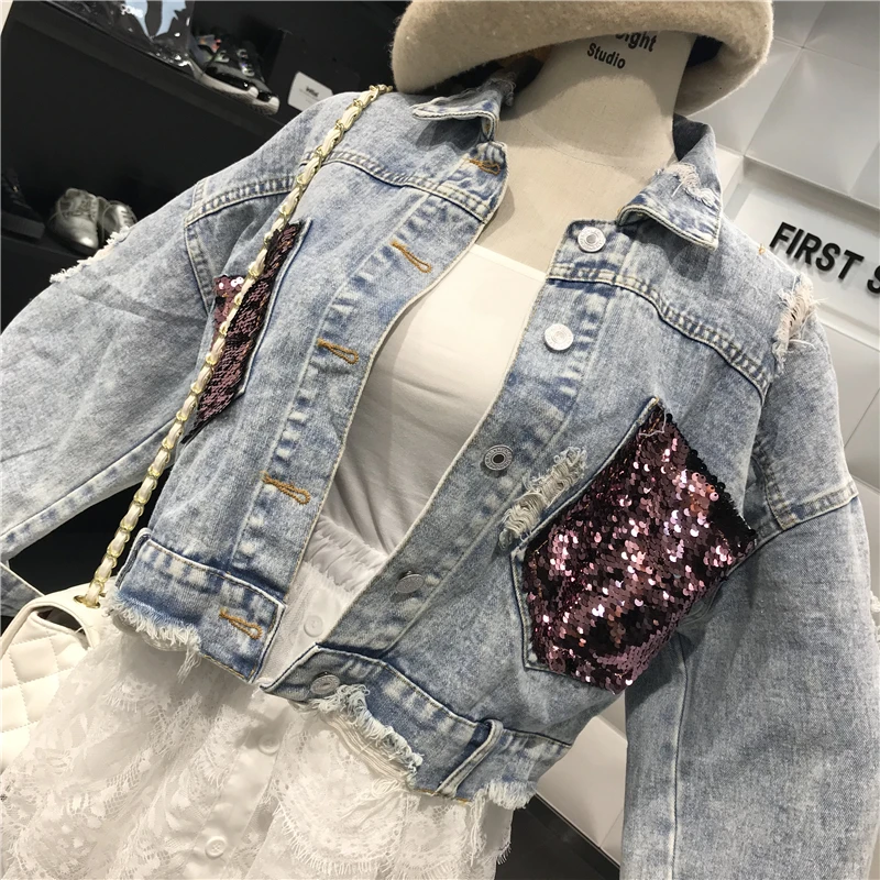 Cakucool New Denim Jacket Red Sequins 