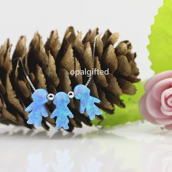 

(1pc/lot)8.5*13mm 3 Children Light Blue/White/Pink Synthetic Opal Girls and boys Necklace 925 sterling Silver chain for Gift