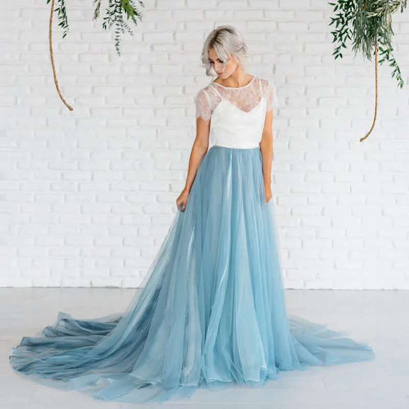 

2017 Long Sweep Train Tulle Skirt Custom Made Tutu Women Skirts For Wedding Fairy Dusty Blue Maxi Long Skirts For Bridal