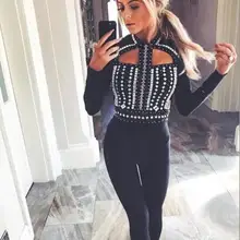 Роскошный женский сексуальный черный бандажный комбинезон с бисером облегающий дизайнерский обтягивающий комбинезон