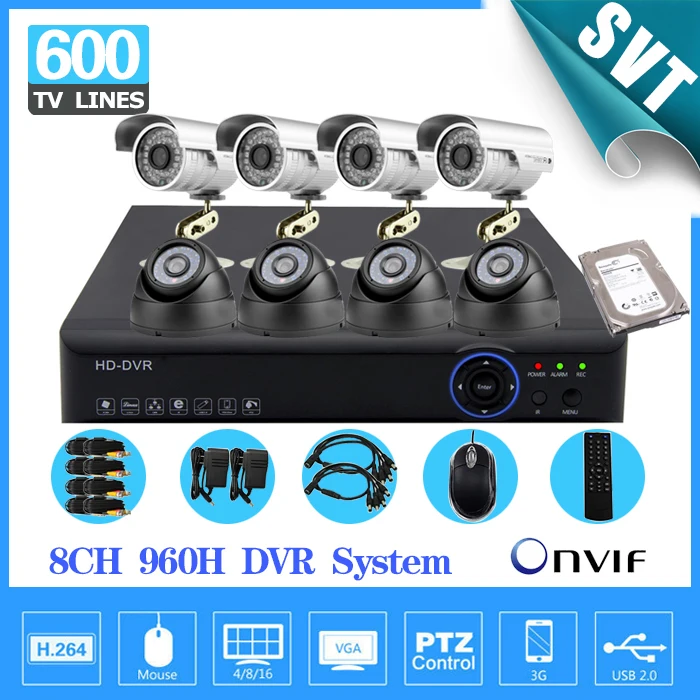 Дома 8ch видеонаблюдения Камера комплект День Ночь 600TVL 8 канальный DVR 1 ТБ жёсткий
