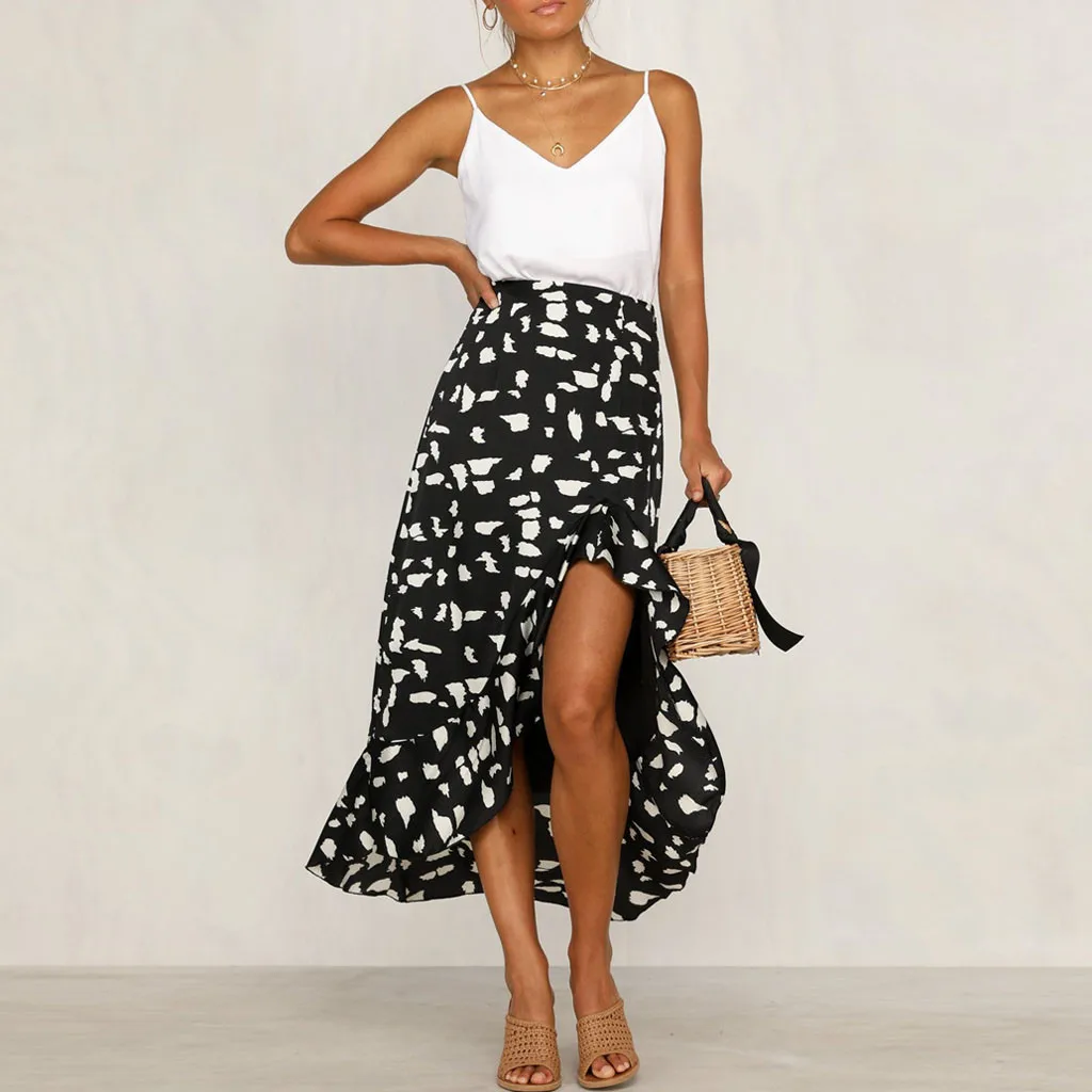 

SAGACE skirt Women Ladies sexy beach skirt 19fashion print wave point ruffled casual irregula ladies simple female skirt 415