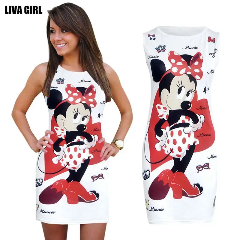 

2017 New Summer Fashion Women Dress Cute Cartoon Character Printed Sleeveless Sheath Bodycon Mini Vestidos Party Sexy Dresses