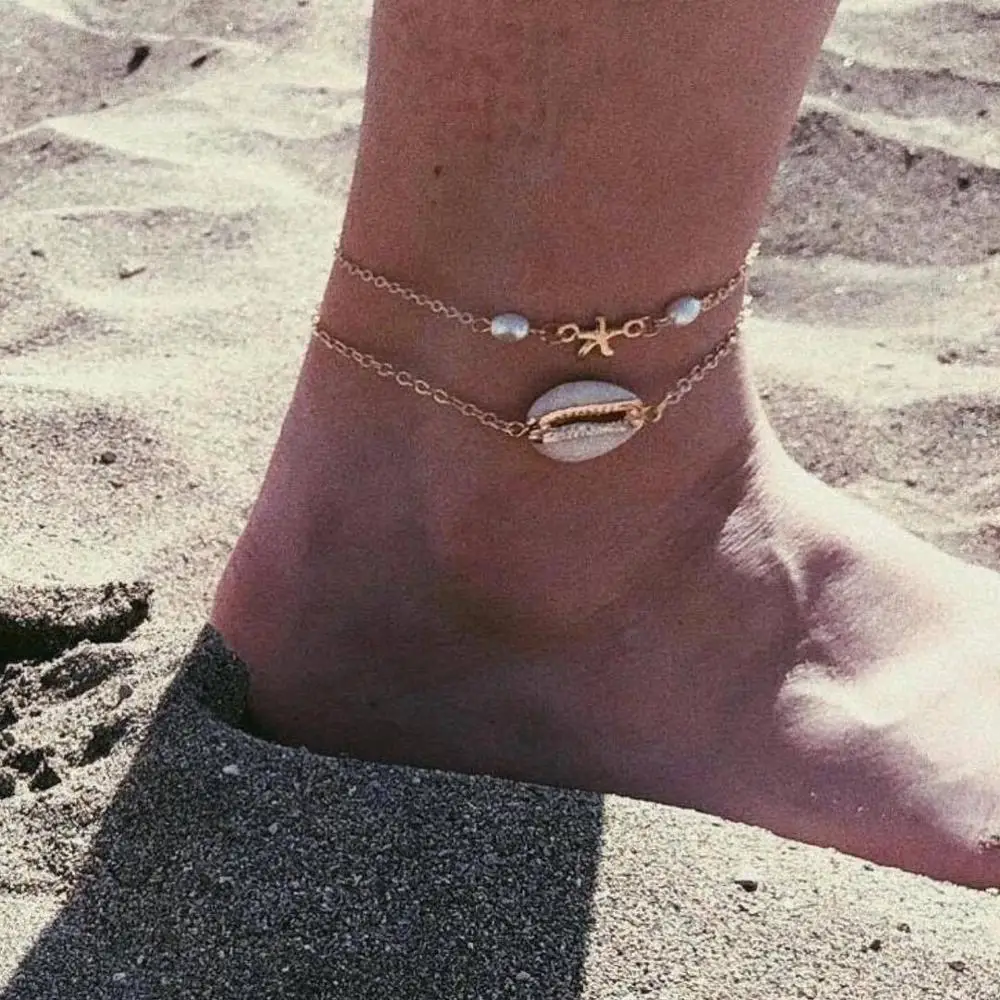 

2 Pcs/set Bohemian Women Anklet Chain Shell Starfish Irregular Pearl Gold Anklet Female Beach Jewelry Accessories