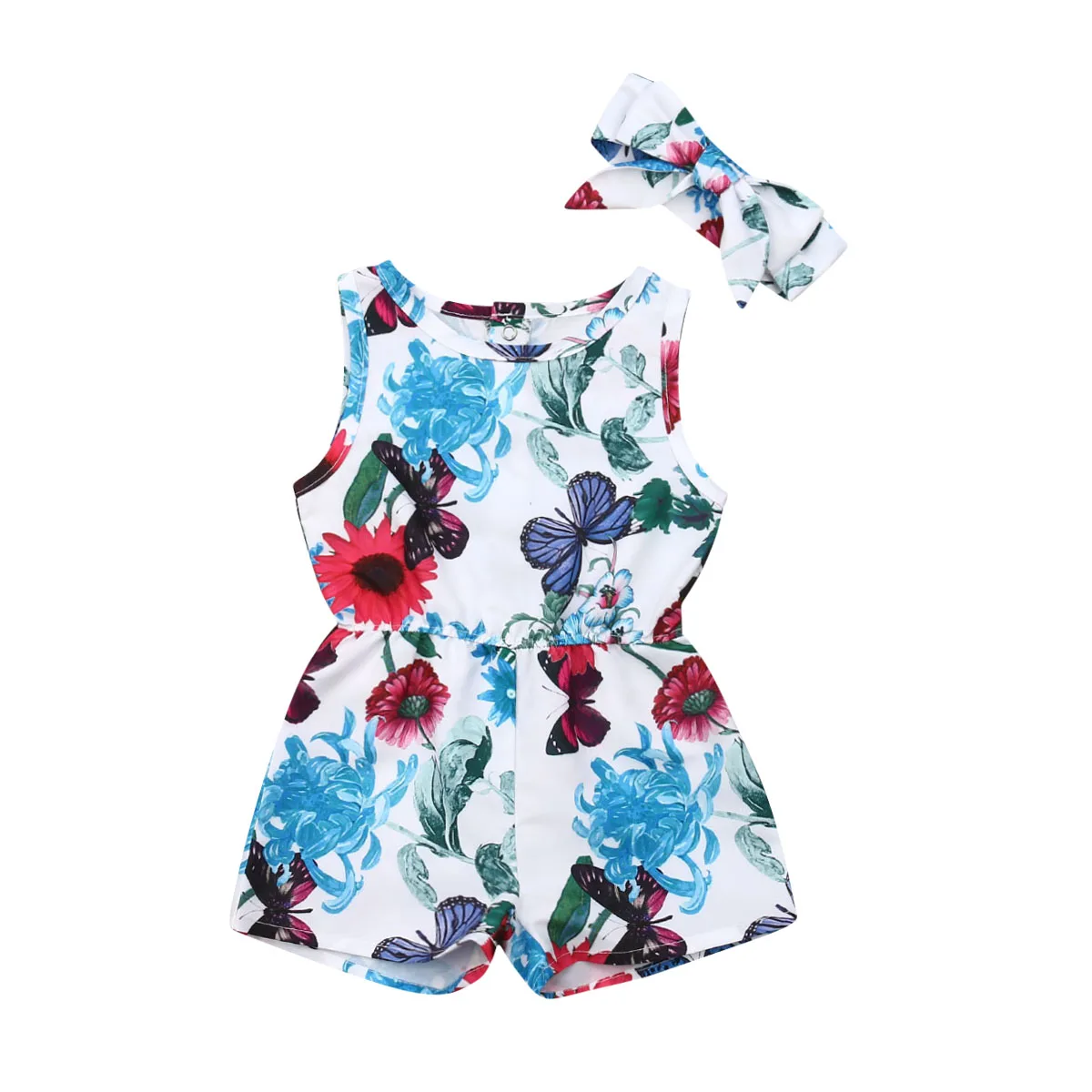 

1-5T Cute Infant Baby Girl 2Pcs Floral Romper Sleeveless Flower Back Button with Headband Outfits Casual Baby Summer Clothes Set