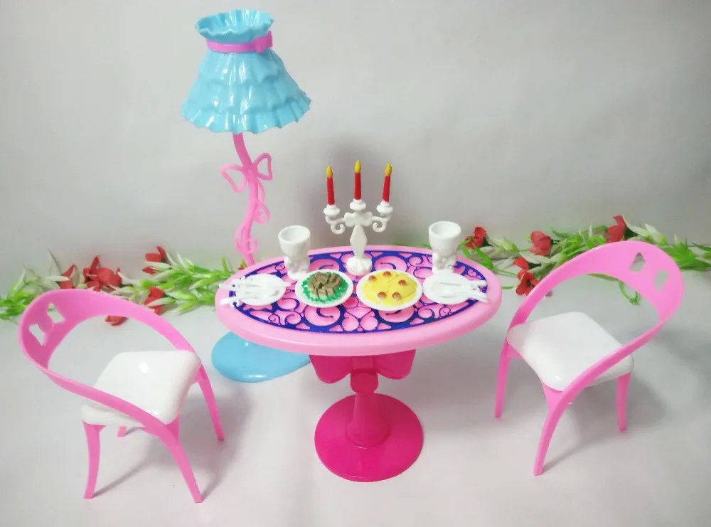 Dining Table Toys Furniture for Barbie Doll with Lamp, Table,Chairs