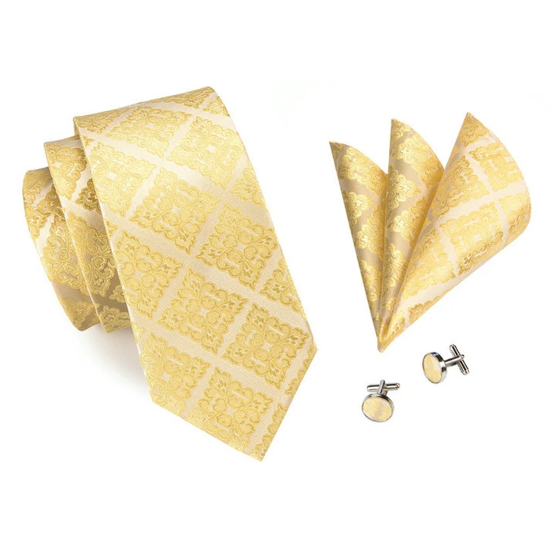 Новое поступление, мужской галстук, желтый, золотой, в клетку, Свадебный галстук для мужчин, Handky запонки, шелковый галстук, набор, вечерние, деловые, дизайнерские, MJ-1036
