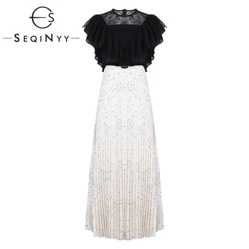 

SEQINYY Pleated Dress 2019 Summer New Fashion Design Short Butterfly Sleeve Black Lace Spliced Dot Printed Midi Dress