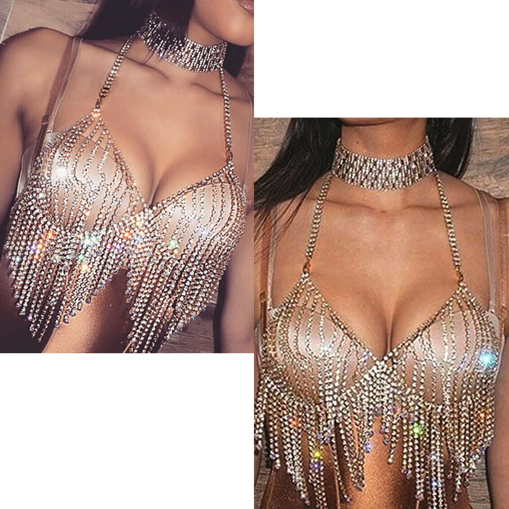 

2019 New Summer Beach Fashion Rhinestone Bra Chain Sexy Harness Bikini Bras tassel Chain Women Jewelry Lady Rhinestone Chain