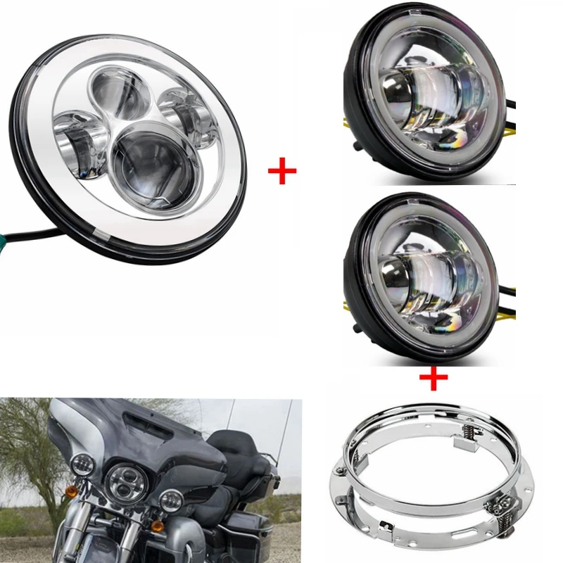 

1 pcs  7" DOT headlights + 2pcs 4.5" headlight with white halo ring +1pcs Chrome 7 led headlight mounting bracket for motorcycle