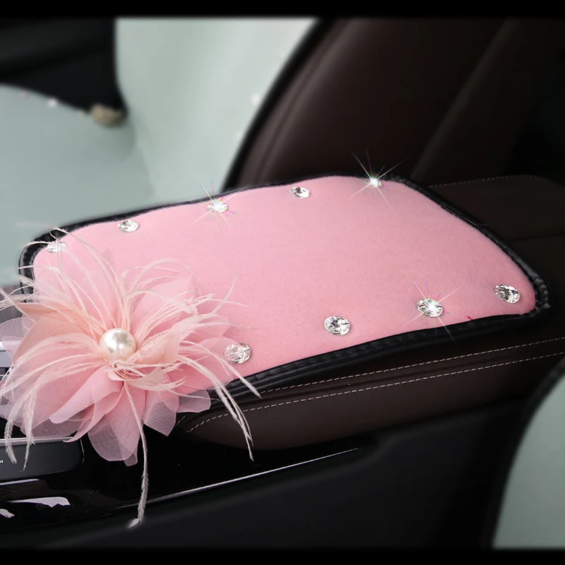 

Flower Crystal Rhinestone Car Armrests Cover Pad Winter Plush Vehicle Center Console Arm Rest Box Cushion Covers Protector Women
