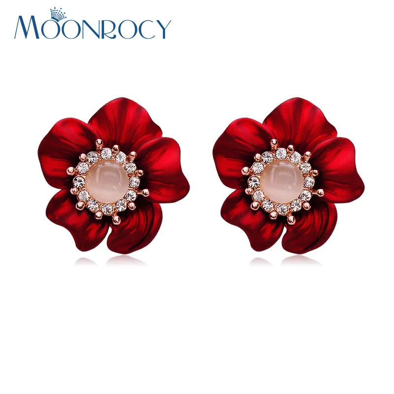 

MOONROCY Free Shipping Fashion Jewelry Cubic Zirconia Rose Gold Color Red Flower Austrian Crystal Opal Earrings Women Gift