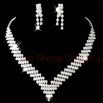 

2020 Newest White Crystal Rhinestones Silver Plated Fashion V Collar Necklace&Earrings Jewelry Set Formal Party Prom Jewelry