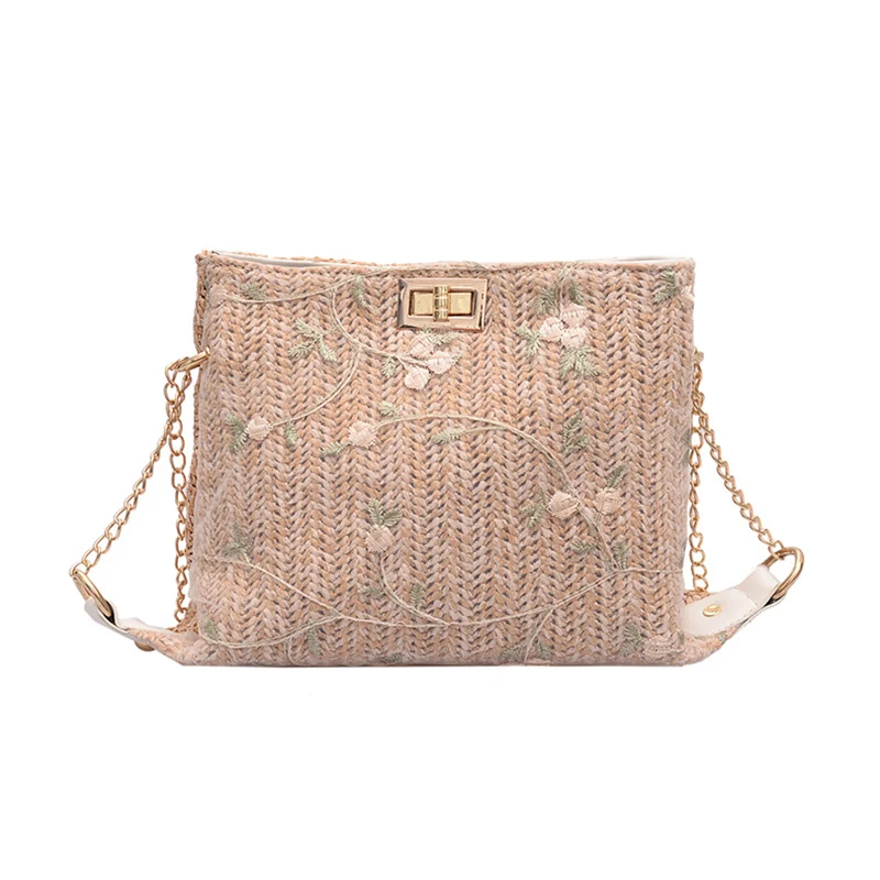 

Hot Crossbody Single Shoulder Bag Women Large Capacity Straw Woven Bucket Bag with Golden Chain Strap BVN66