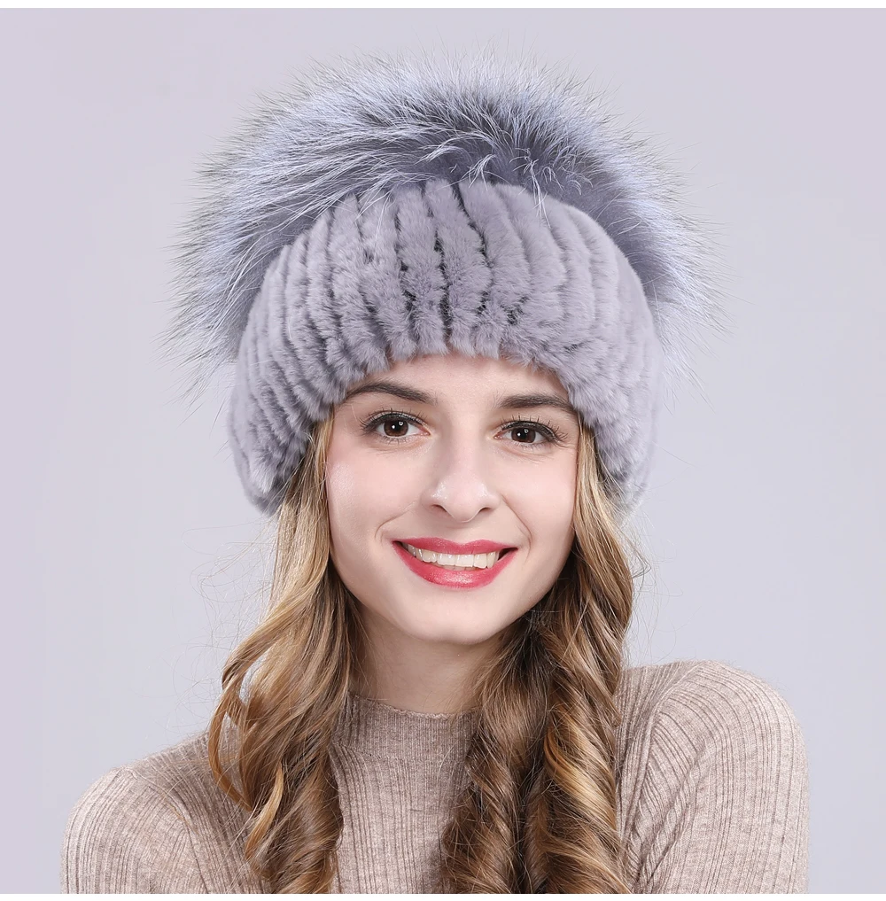 Outdoor Women Warm Soft Genuine Rex Rabbit Fur Hat Knitted Natural Real Sliver Fox Fur Caps Winter Real Rabbit Fur Beanies Hats