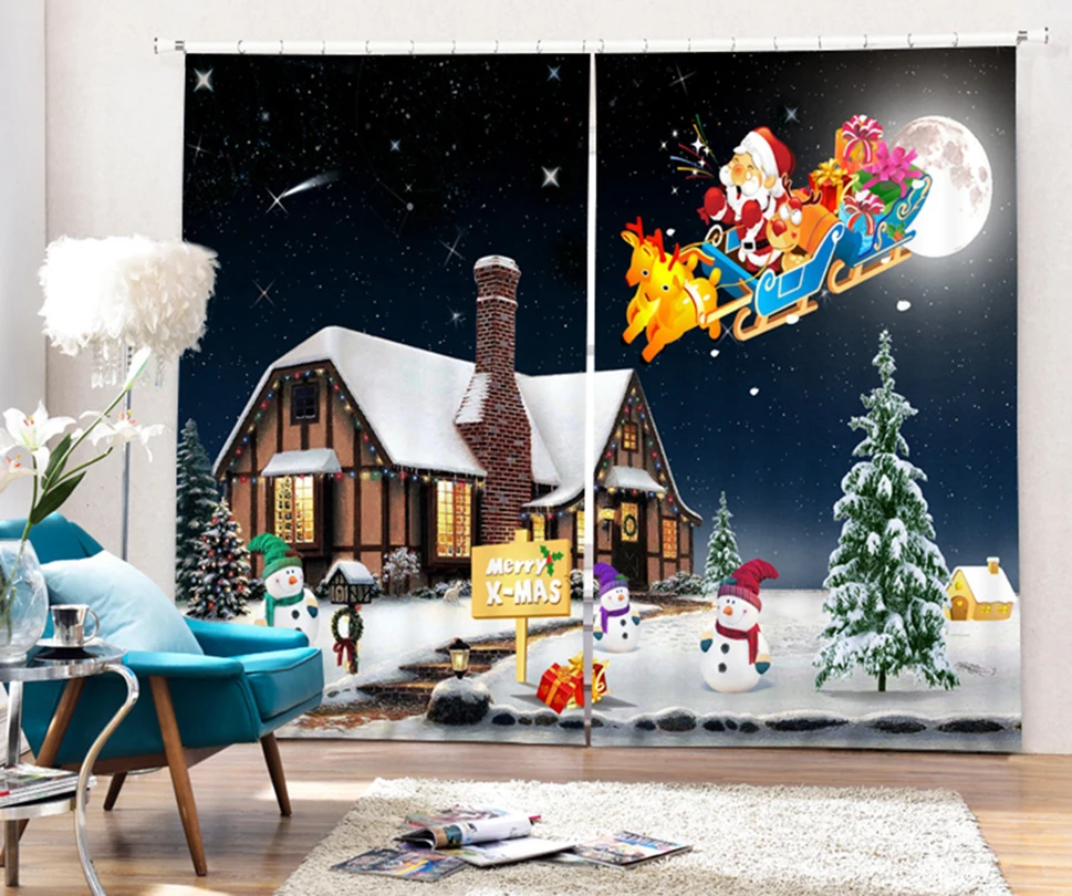 

christmas tree balls christmas gift blackout curtains, gauze Christmas hat curtain Christmas cartoon curtain snow scene