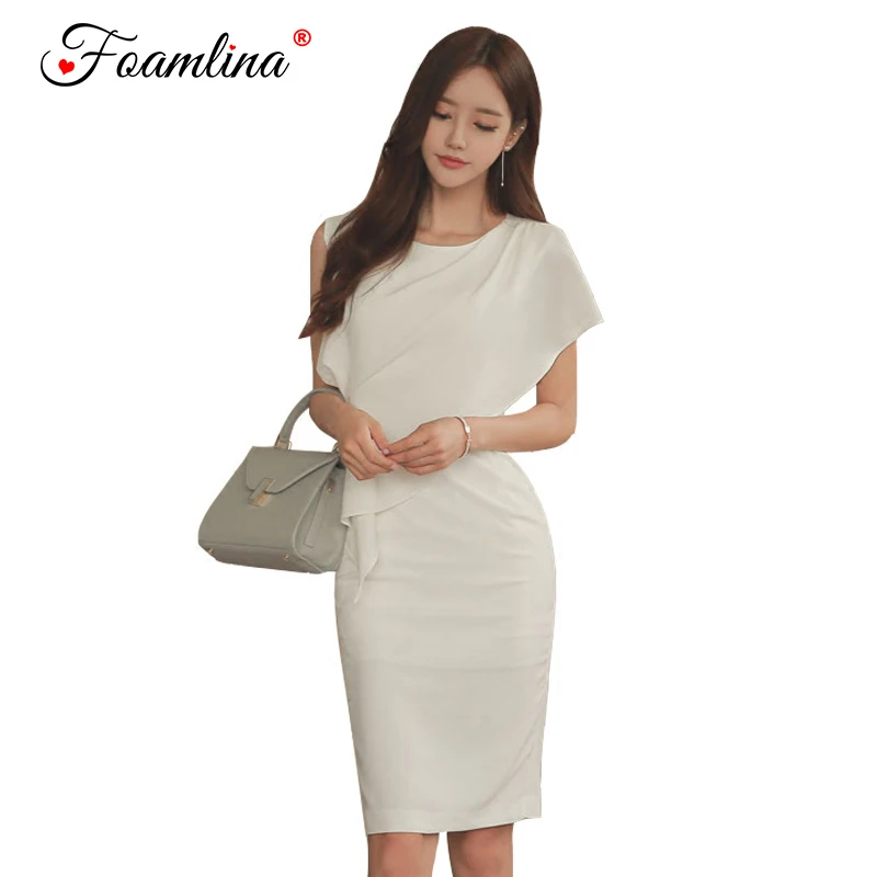 

Foamlina 2018 Summer Dress Women Elegant White Irregular Cutting Sleeveless Slim Fit Casual Work Wear Party Bodycon Pencil Dress