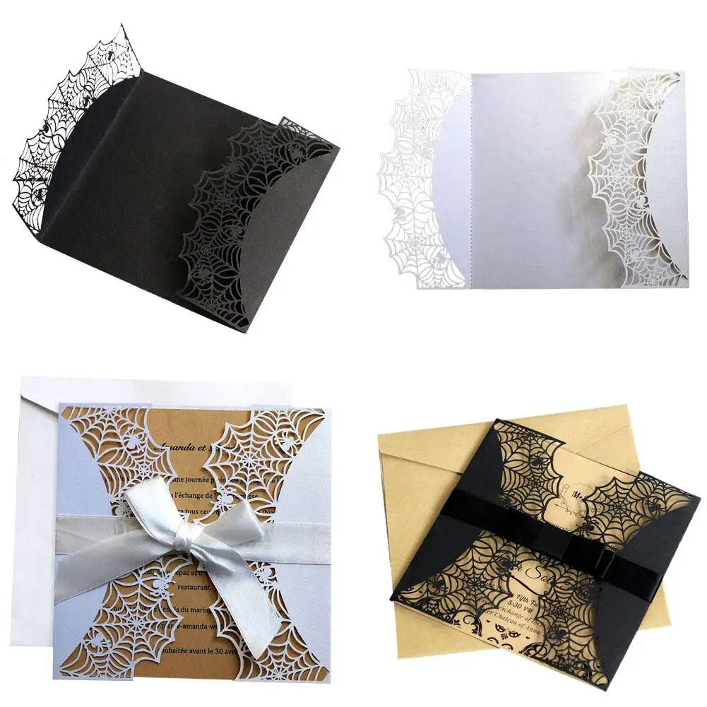  10PCS Laser Cut Halloween Party Invitations Lace Halloween Spider Web Invitation Cardinal Black Ope - 32899621493