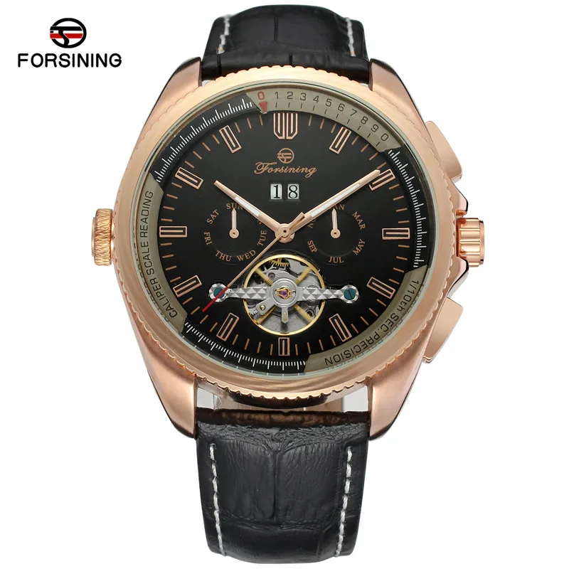 

Automatic Watches Tourbillon Watch Mens Auto Date Mechanical Watch Brown Leather Strap Forsining Wristwatch
