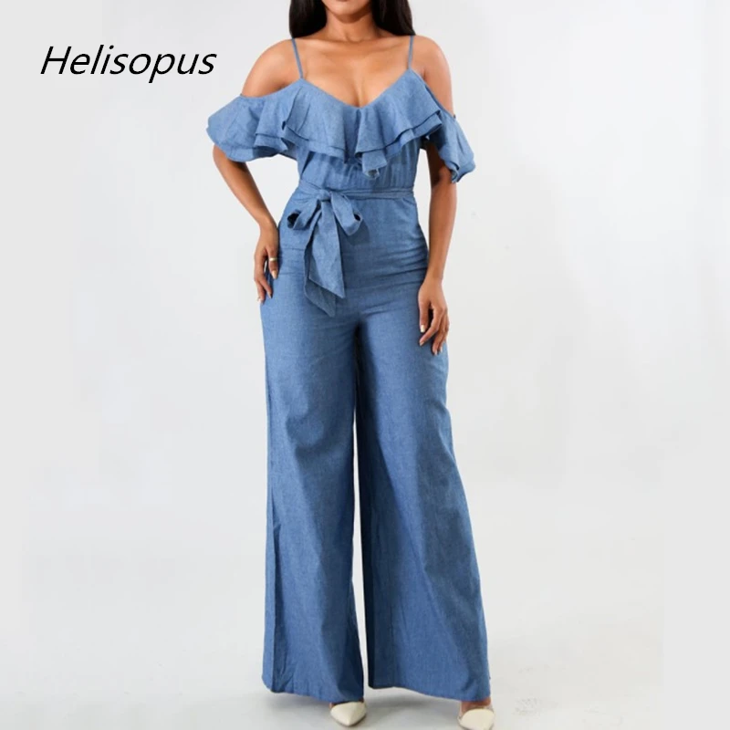 

Helisopus Blue Off Shoulder Denim Jumpsuit Women Sexy Spaghetti Strap Low-cut Ruffled Ruched Wide Leg Romper Female Tracksuit