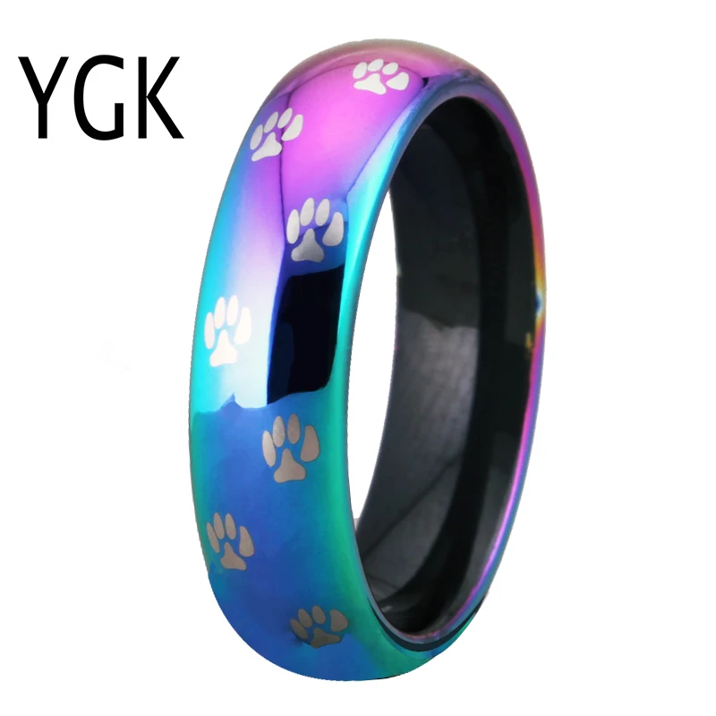 Women's Wedding Band Engagement Ring 6mm Cute Dog Cat Paw Rings Pure Tungsten Rainbow Animal Ring Anniversary Gift Party Ring