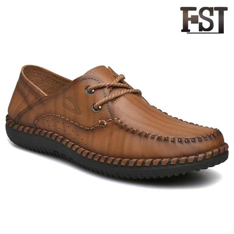 

FSJ Genuine Leather Casual Loafers Brown Mens Solid Lace Up Spring/Autumn Summer Sewing Breathable shoes 2019 Size 41 44 43