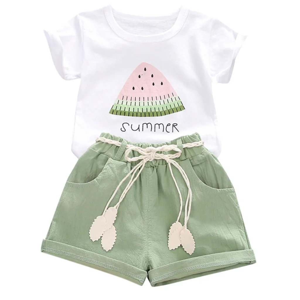 Летняя детская одежда для маленьких девочек; топы с принтом арбуза и буквами; шорты; комплект детской одежды; roupa infantil Bebes