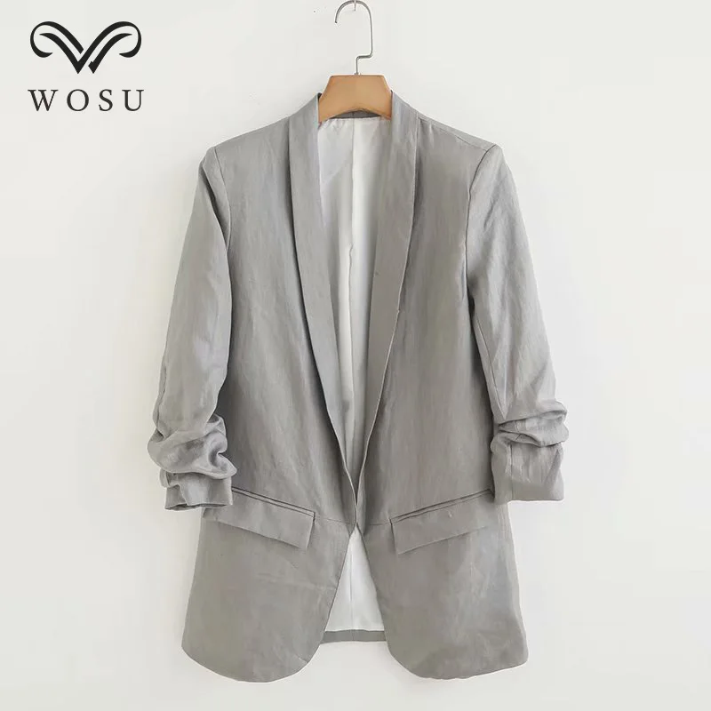 

WOSU Women Shawl Collar Blazers Casual Vintage Style Blazer Suits None Button Linen Lady Blazers BB401