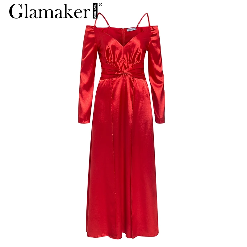 Женское атласное платье с открытыми плечами Glamaker красное Элегантное летнее