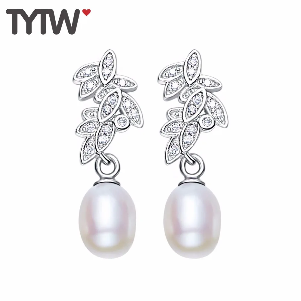 

TYTW Free Shipping S925 Yellow Shell Pearl Fashion Leaf Earrings Women 3 color choice real goldplated pearls Stud earring