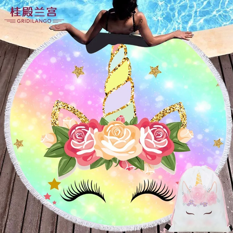 

Colorful Unicorn Round Beach Towels Microfiber With Tassel Bath Towel Star Floral Swimming Sport Travel Drawstring Backpack Bag