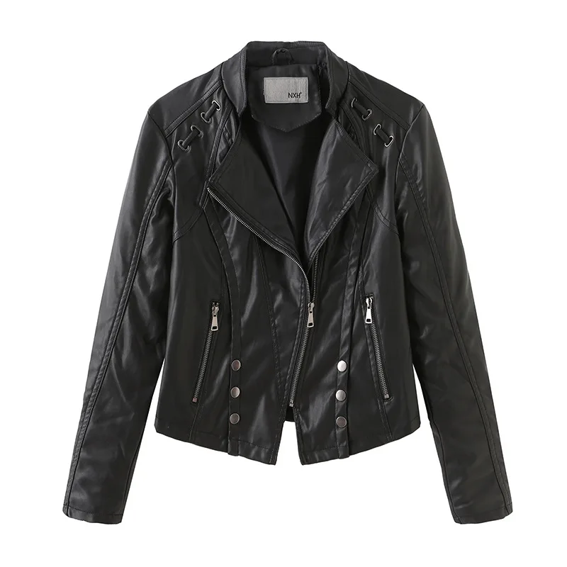 NXH 2019 fall leather jacket women Turn-down Collar motor biker jacket fashion plus size women coat  autumn streetwear