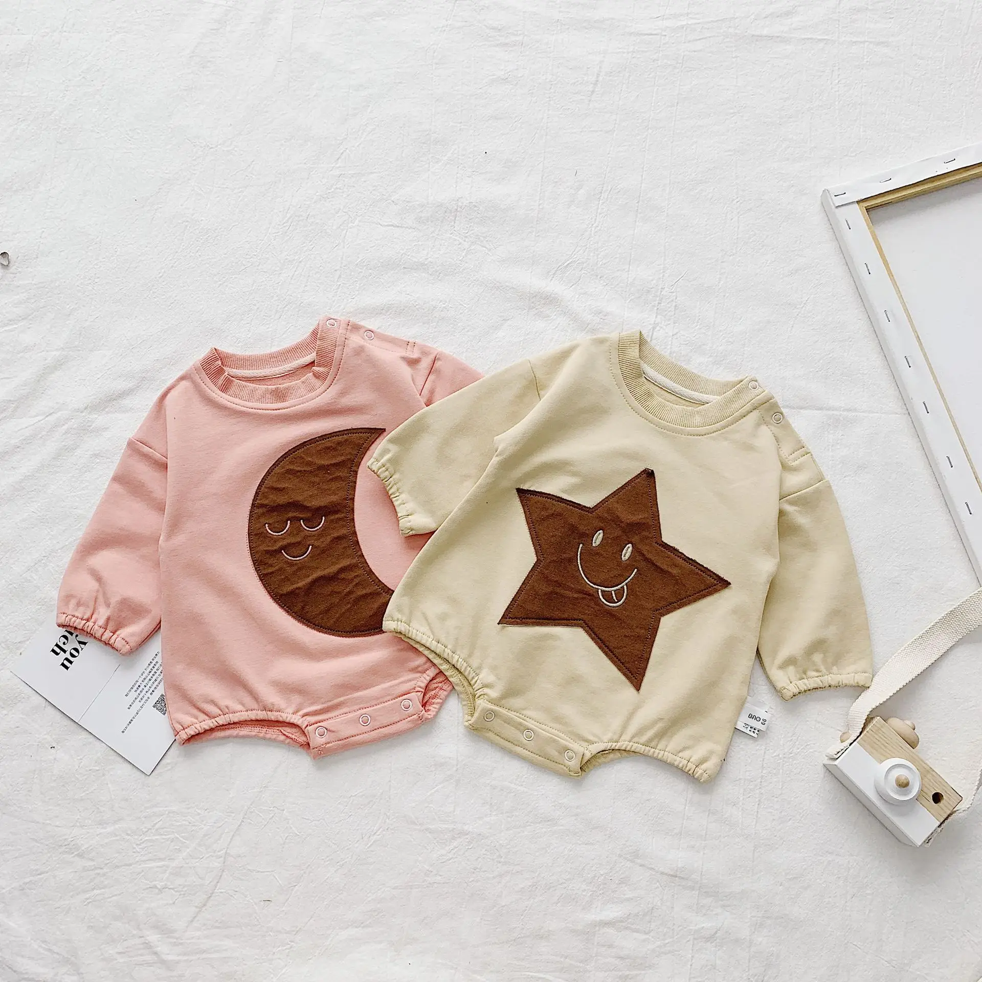 

Korean style stars moon Embroidery long sleeve bodysuits for infant kids boys girls cotton jumpsuits