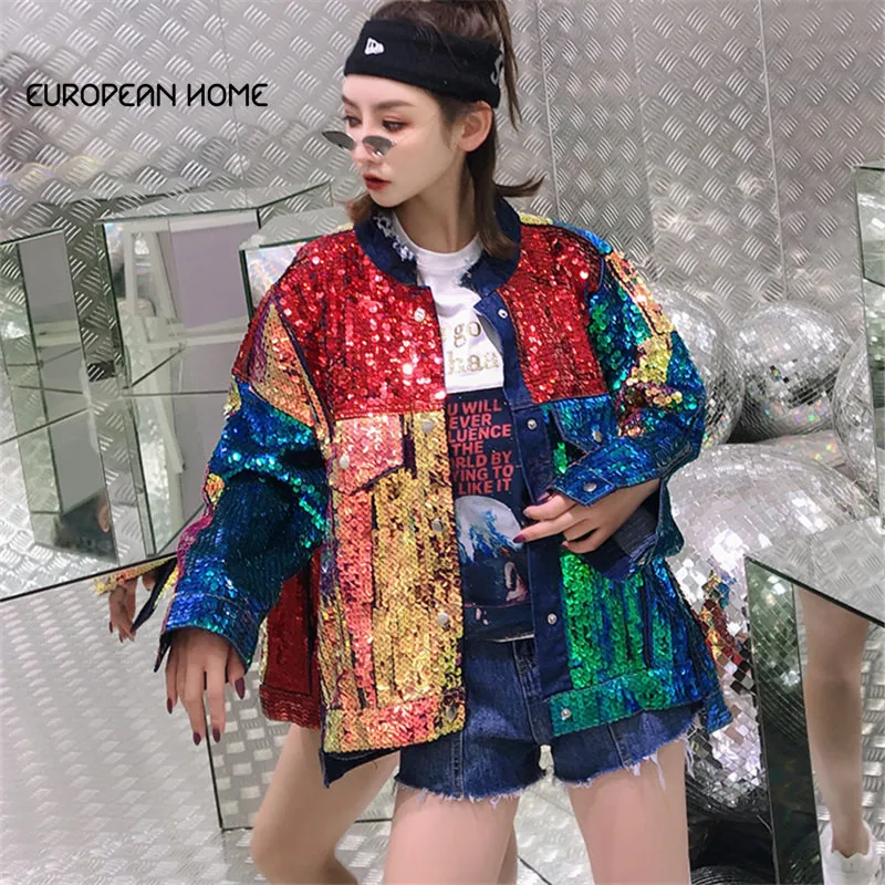 

Hot New 2019 Spring Jacket Women Coat Plus Size Colorful Sequins Loose Fashion Short Autumn Jeans Coats and Jackets Women
